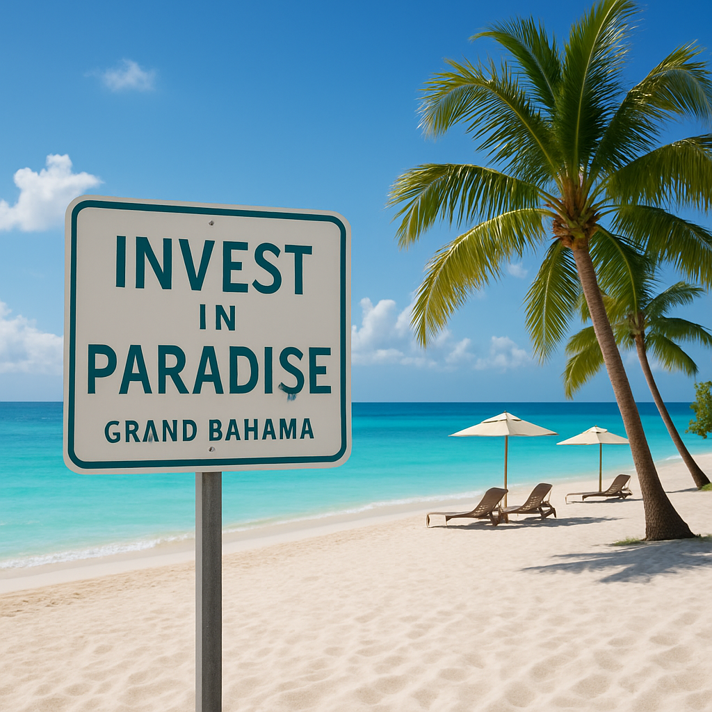 The image depicts a serene sunlit beachfront in Grand Bahama showcasing a pristine stretch of white sand bordered by crystalclear turquoise waters Lus-1