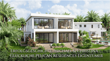 Michael und Christina vor ihrer Pelican Residences Villa auf Grand Bahama – Moderne Architektur mit Bootsanleger