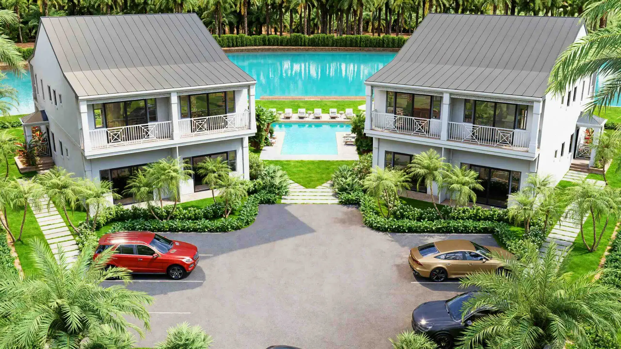 Luftbild-Rendering von Pool und Wohneinheiten am Wasser bei Alma Residences Grand Bahama