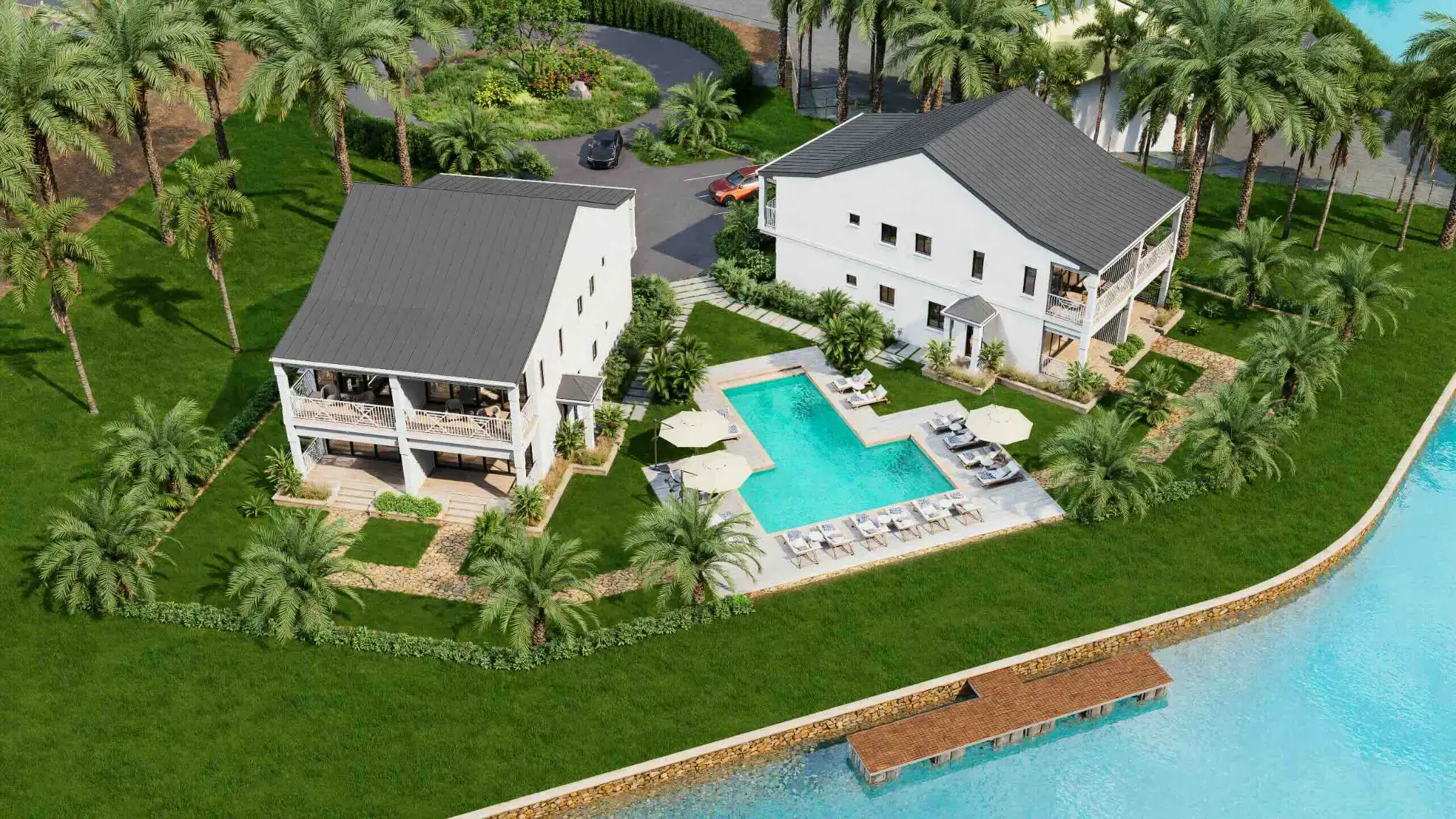 Luftbild-Rendering der Caribbean-Kollektion bei Alma Residences mit Kanallage