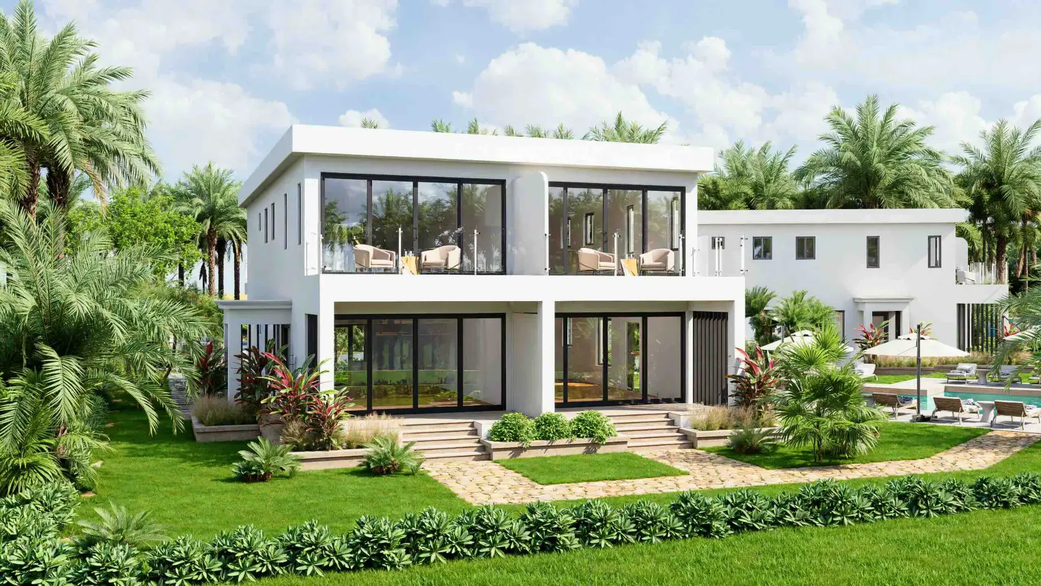 Moderne Residenz mit Flachdach und Fensterfronten bis zum Boden bei Alma Residences, Bahamas