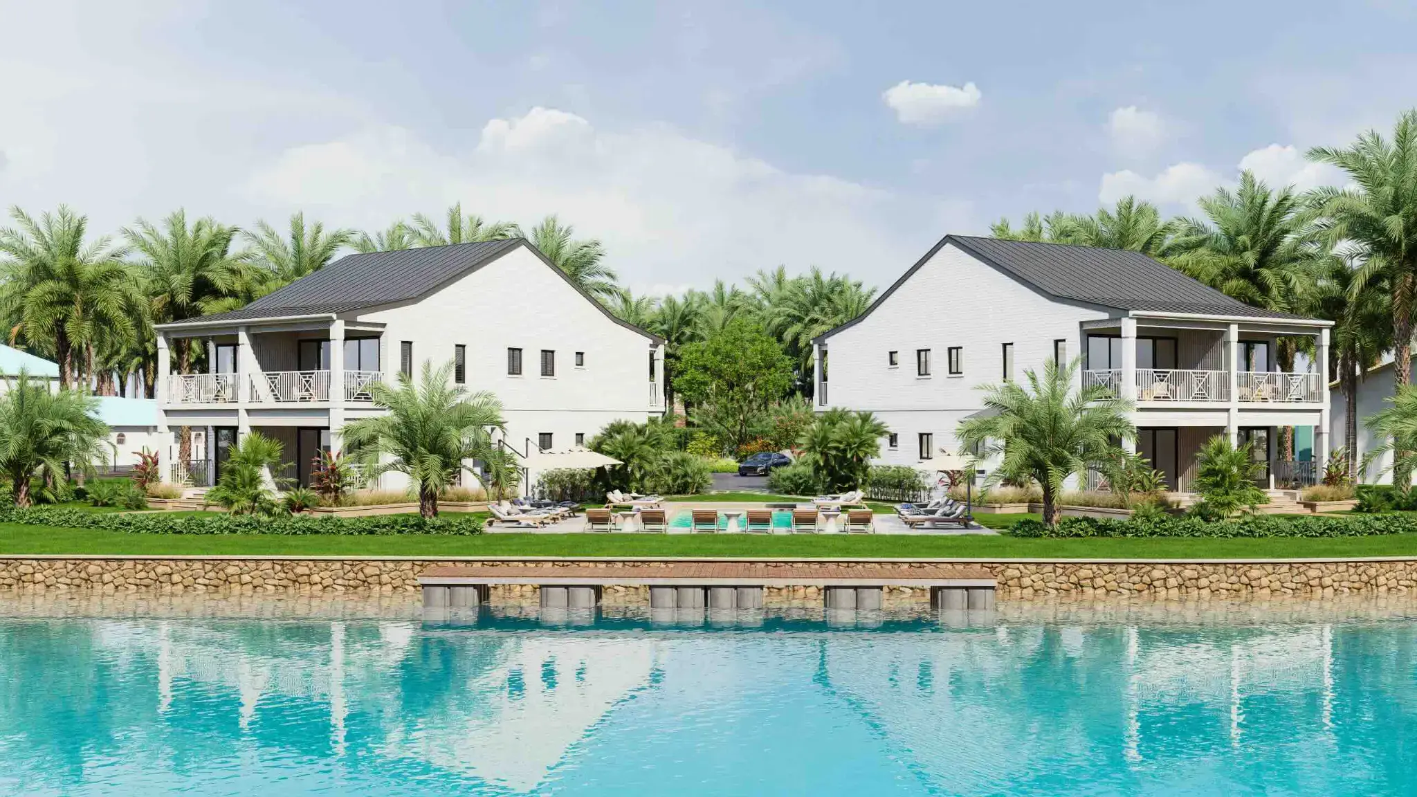 Luftbild-Rendering der Alma Residences: Immobilien direkt am Wasser in Freeport, Grand Bahama